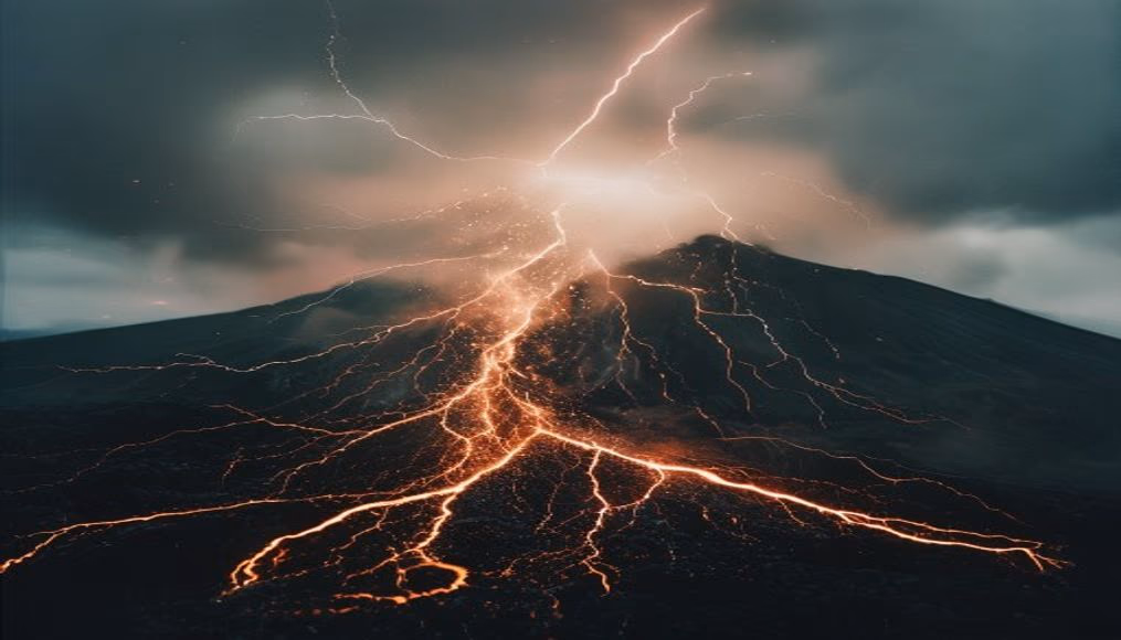 volcanic lightning ash in editorial style