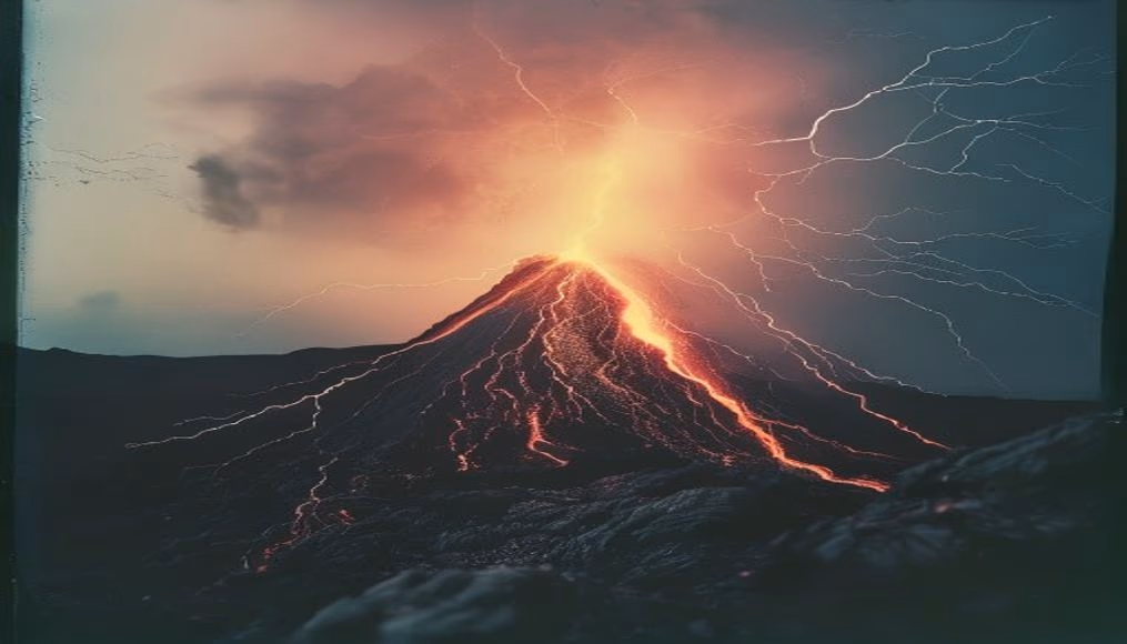 volcanic lightning ash in editorial style