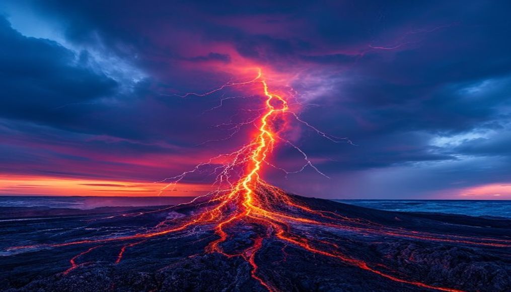 volcanic lightning ash in editorial style