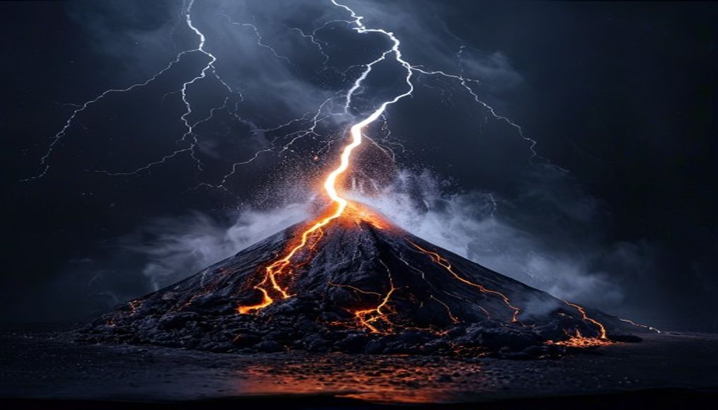 volcanic lightning ash in editorial style
