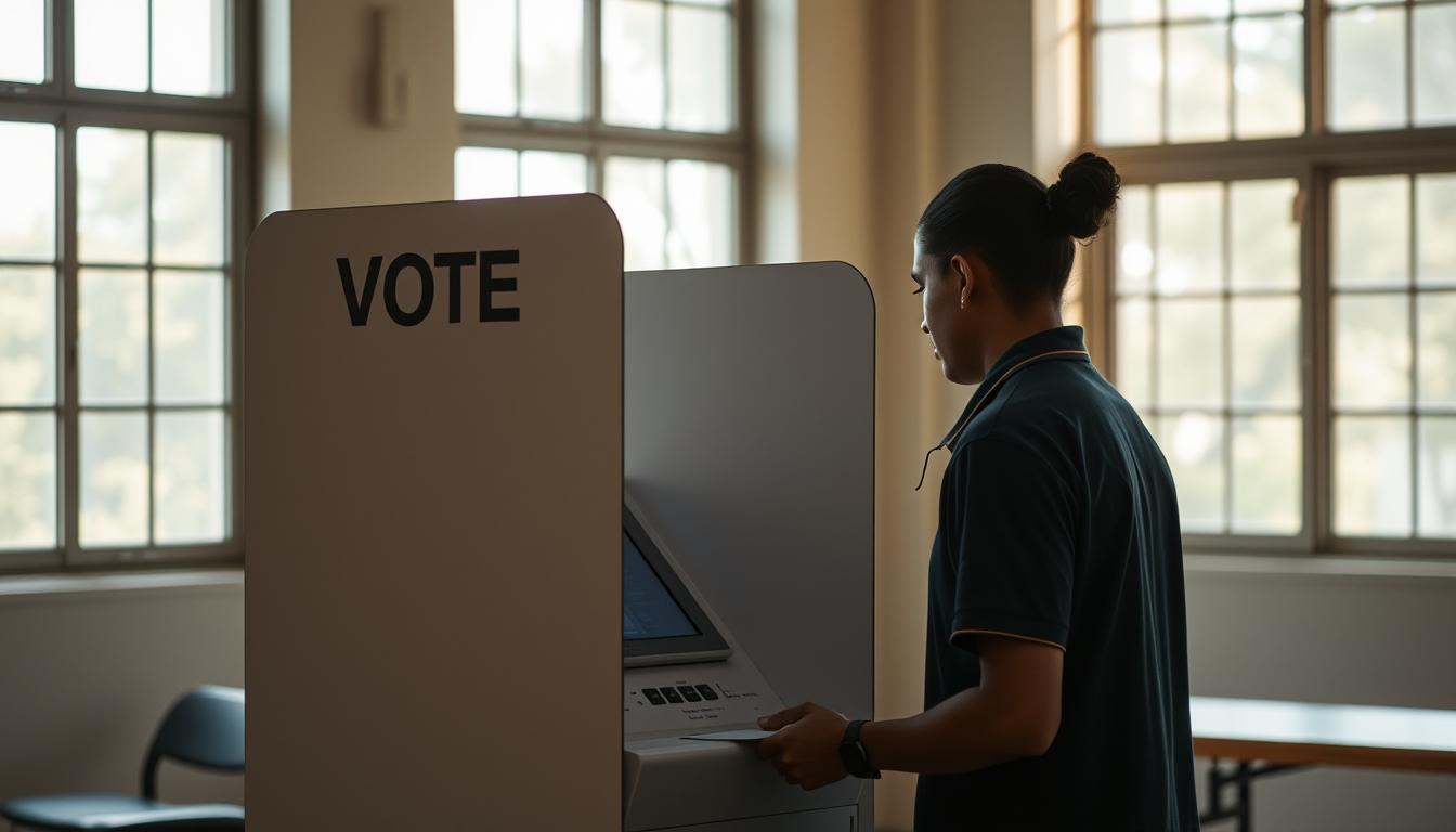 Voting booth with Brazilian electronic ballot machine urna eletrônica em estilo editorial