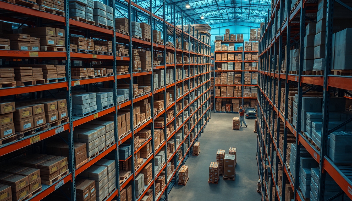 warehouse shelves stocked products in editorial style