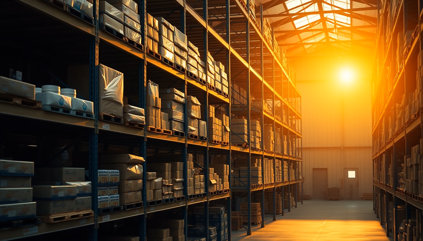 warehouse shelves stocked products in editorial style