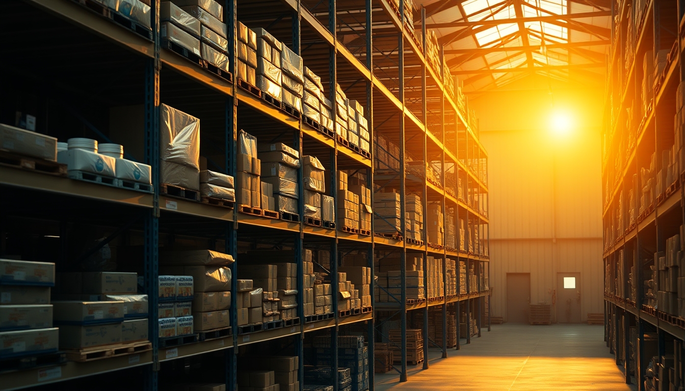 warehouse shelves stocked products in editorial style