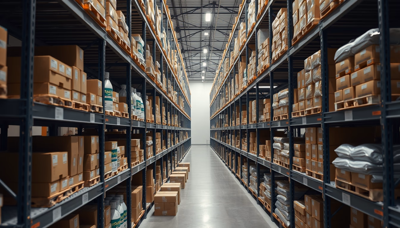 warehouse shelves stocked products in editorial style