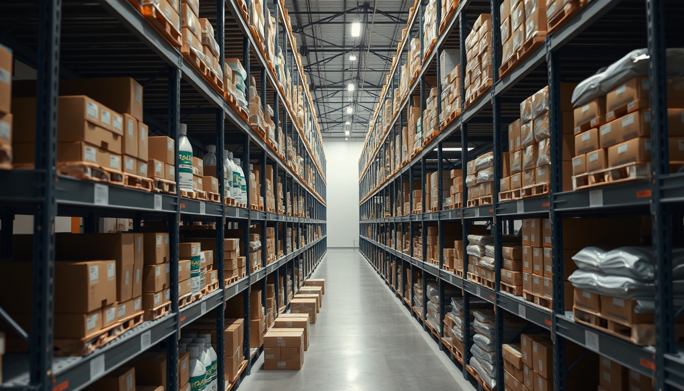 warehouse shelves stocked products in editorial style