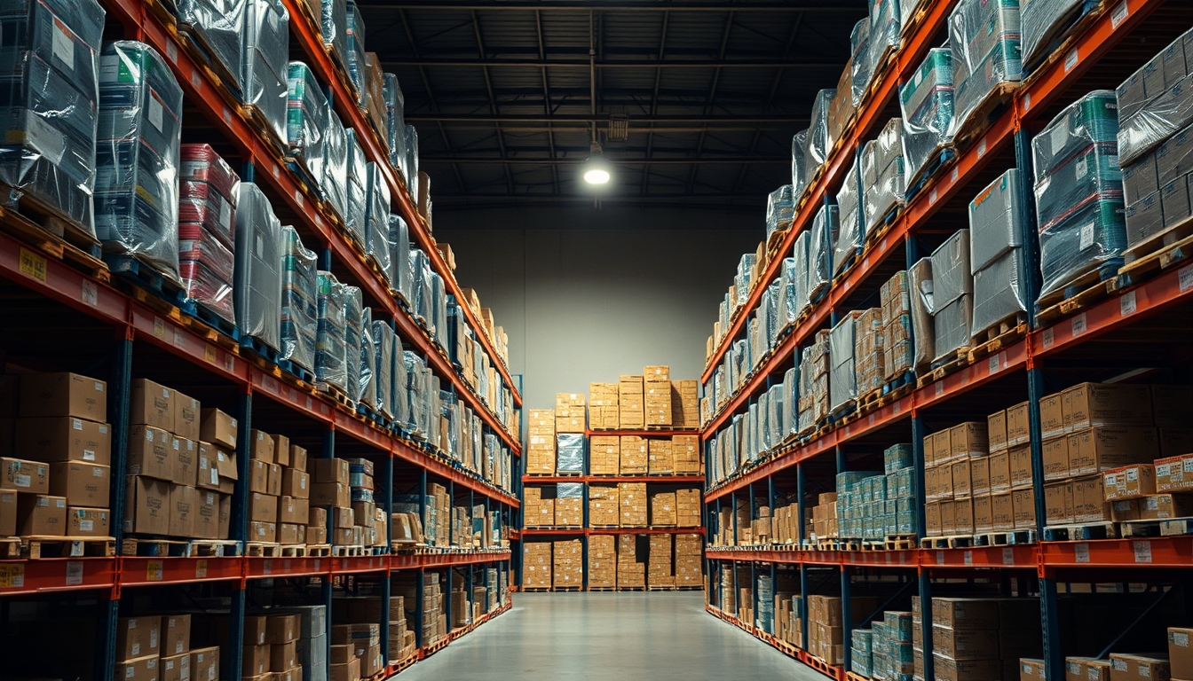 warehouse shelves stocked products in editorial style