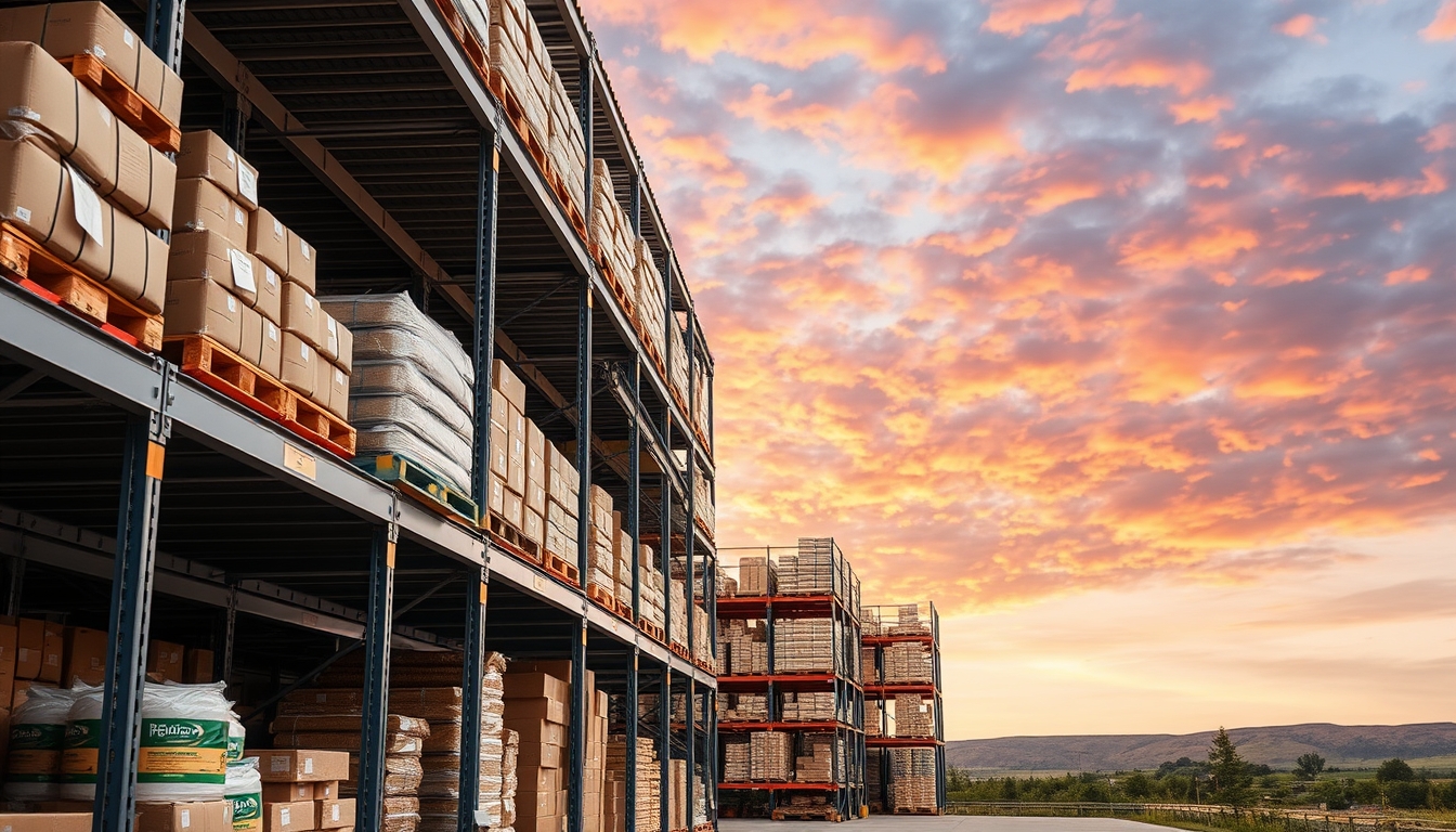 warehouse shelves stocked products in editorial style