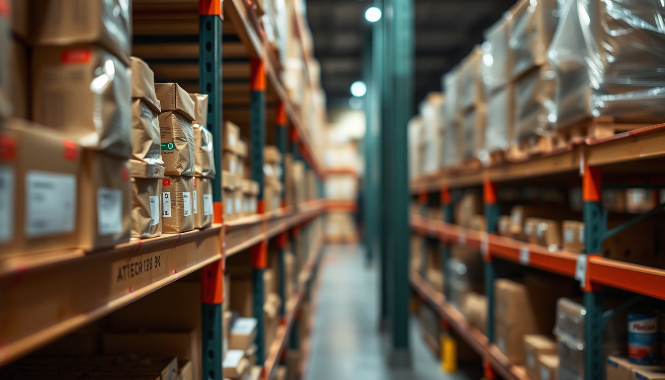 warehouse shelves stocked products in editorial style