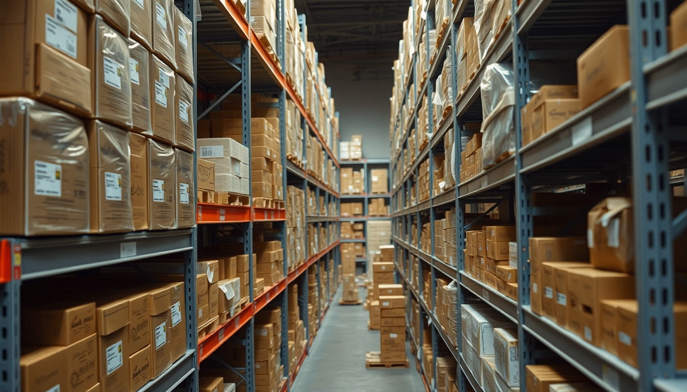 warehouse shelves stocked products in editorial style