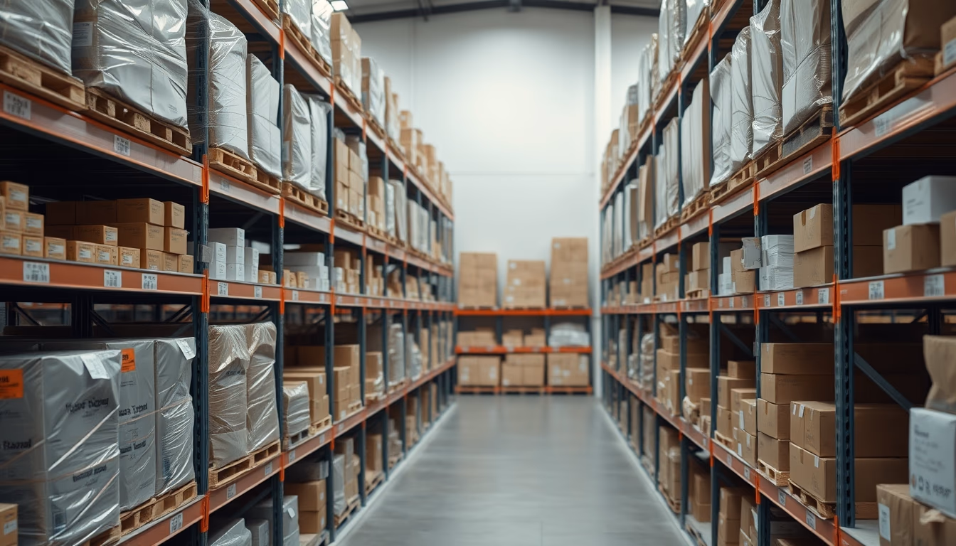 Warehouse shelves stocked products em estilo editorial