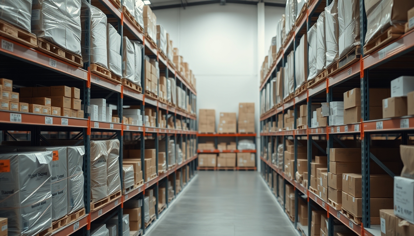 warehouse shelves stocked products in editorial style
