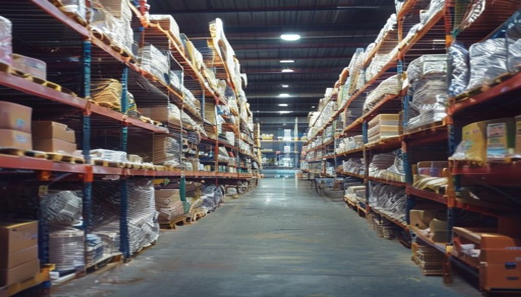 Warehouse shelves stocked products em estilo editorial