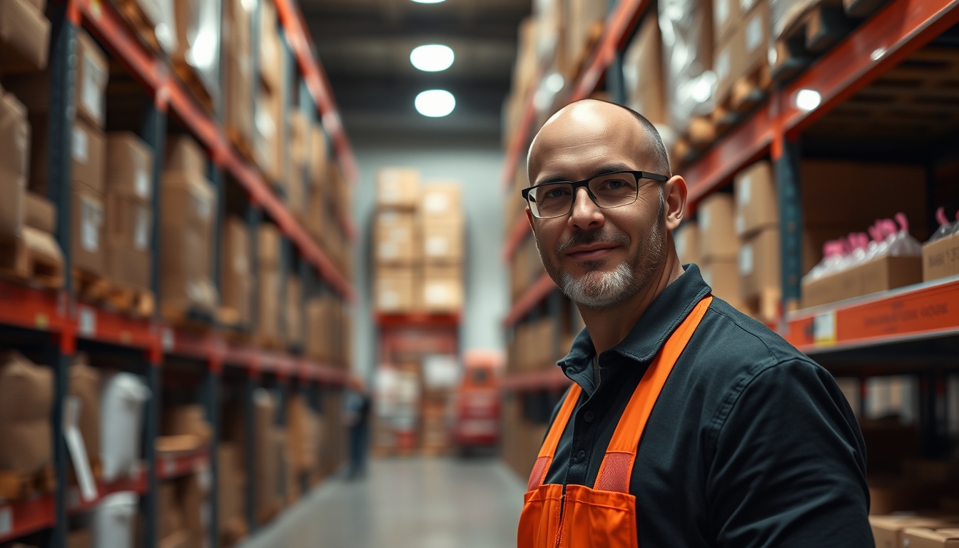 warehouse shelves stocked products in editorial style
