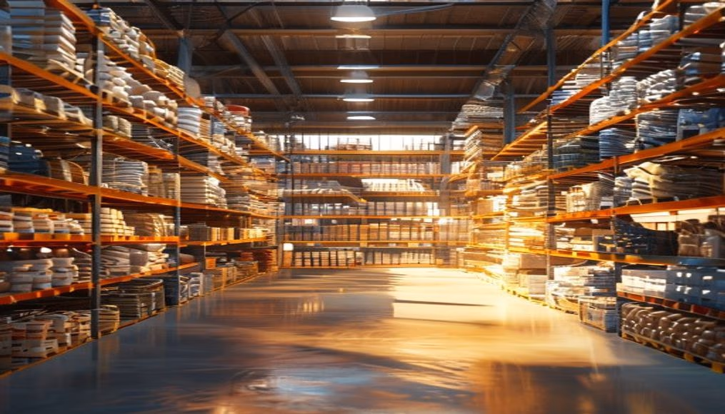 Warehouse shelves stocked products em estilo editorial