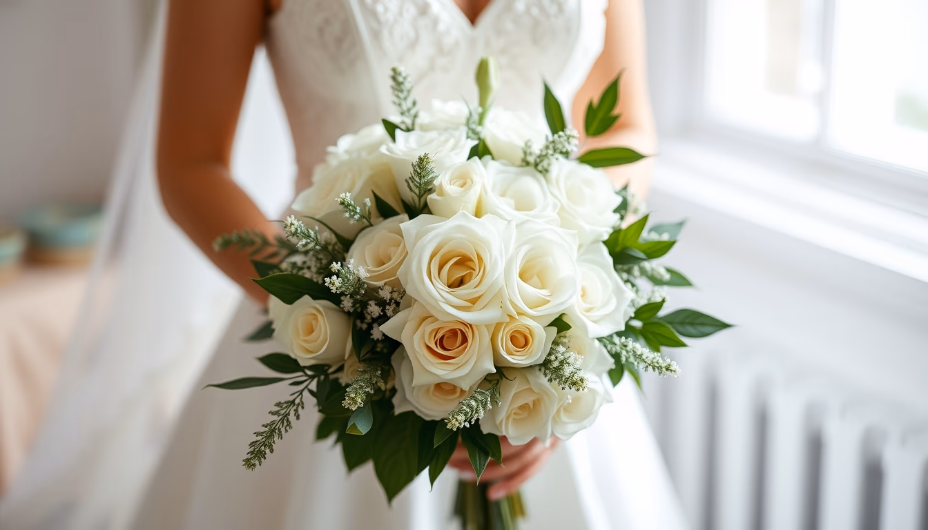 wedding bouquet white in editorial style