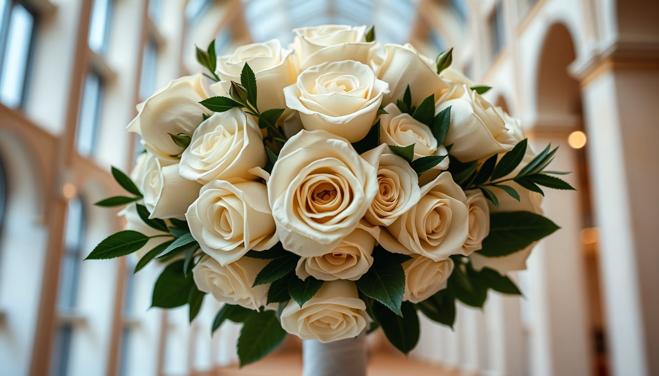 wedding bouquet white roses in editorial style