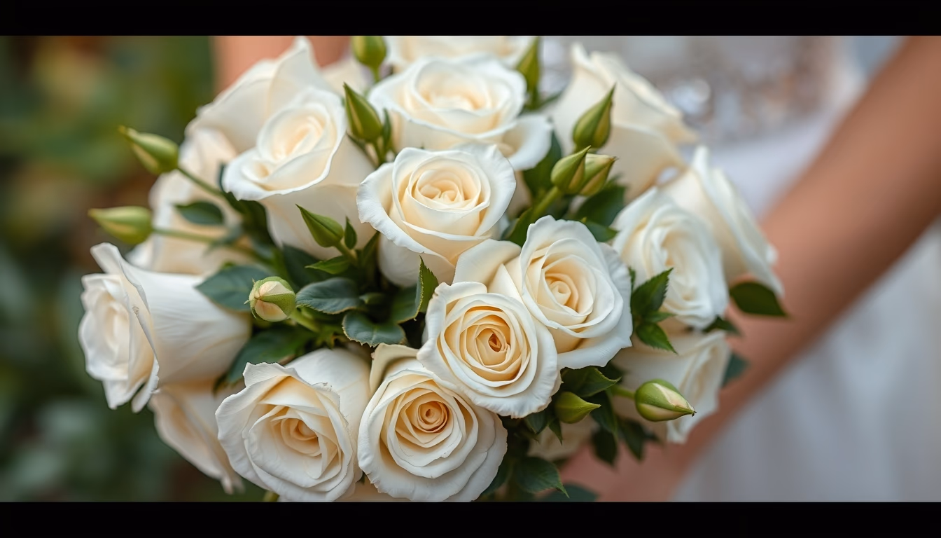 wedding bouquet white roses in editorial style