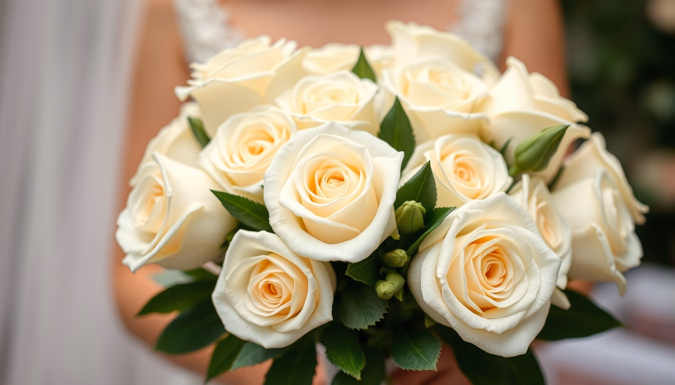 wedding bouquet white roses in editorial style