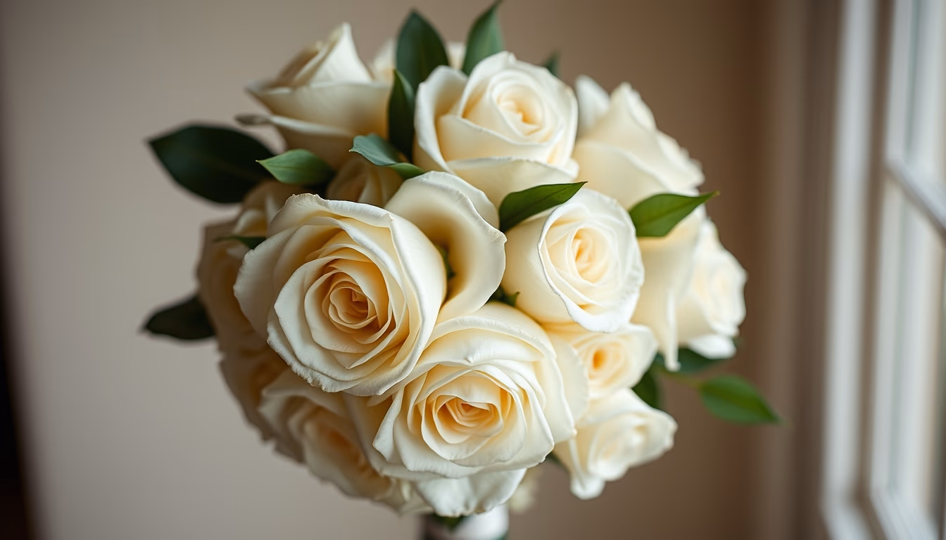 wedding bouquet white roses in editorial style