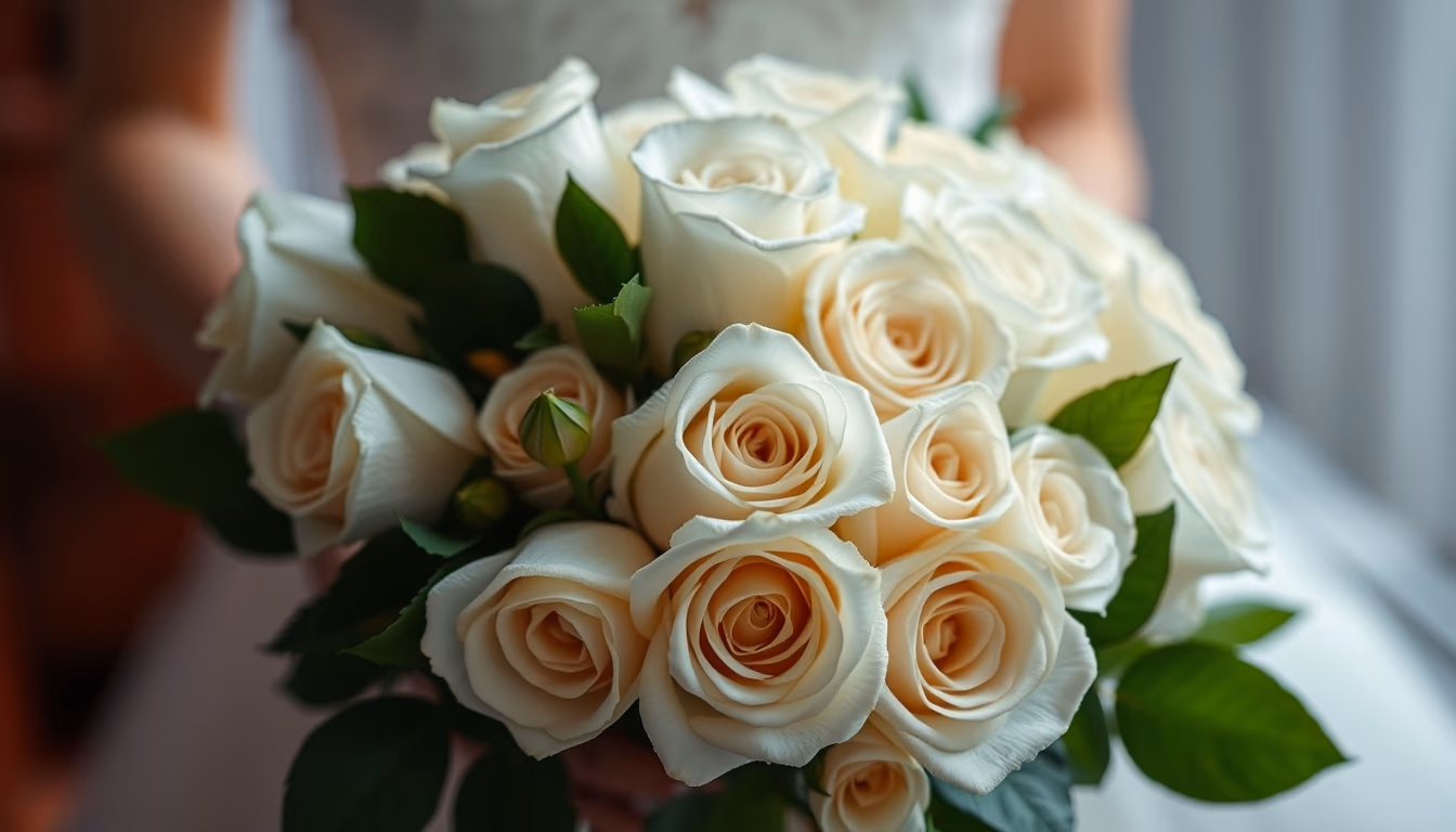 wedding bouquet white roses in editorial style