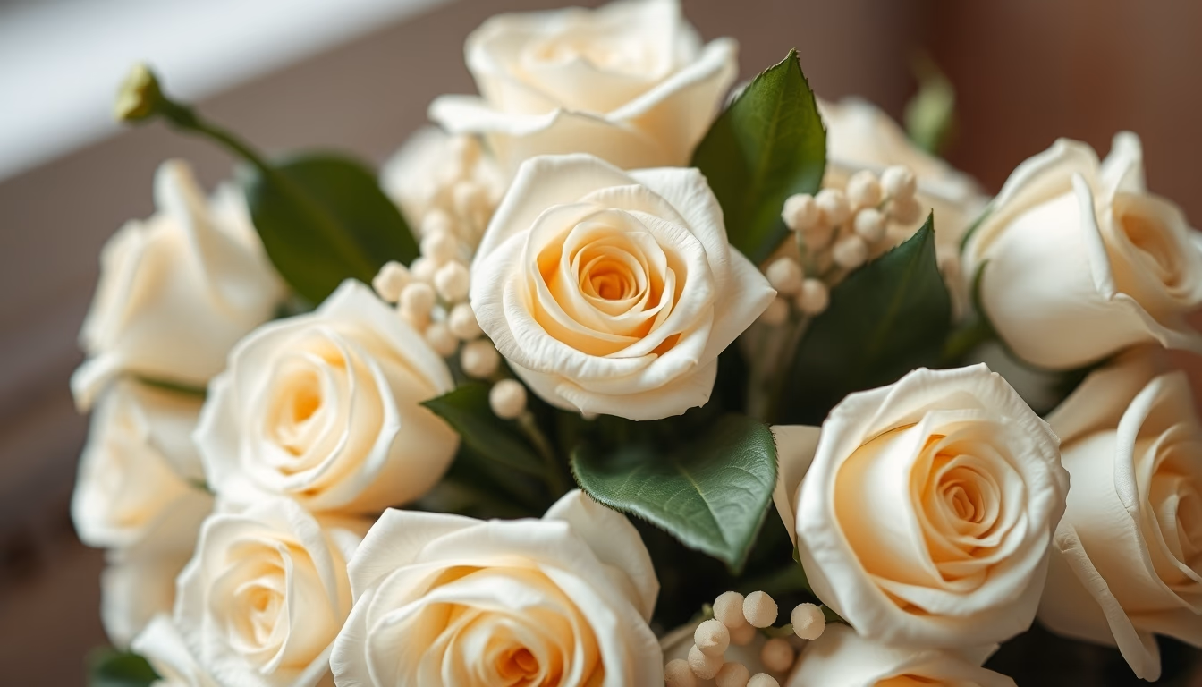 wedding bouquet white roses in editorial style