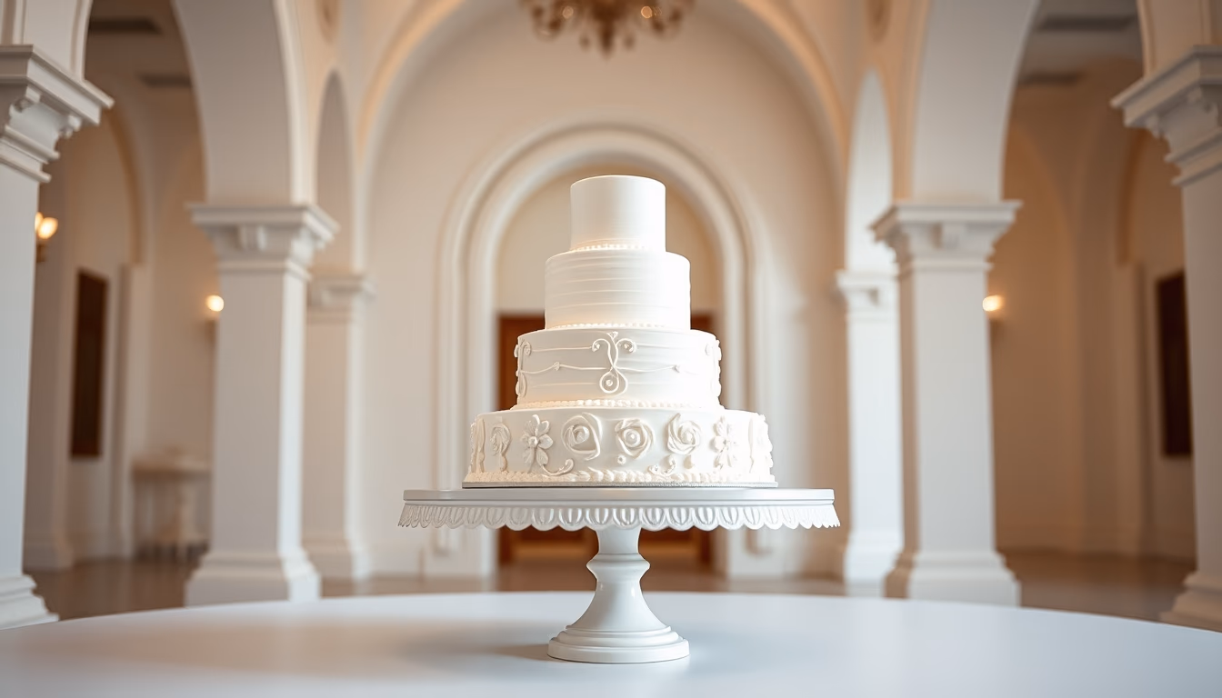 wedding cake stand white in editorial style