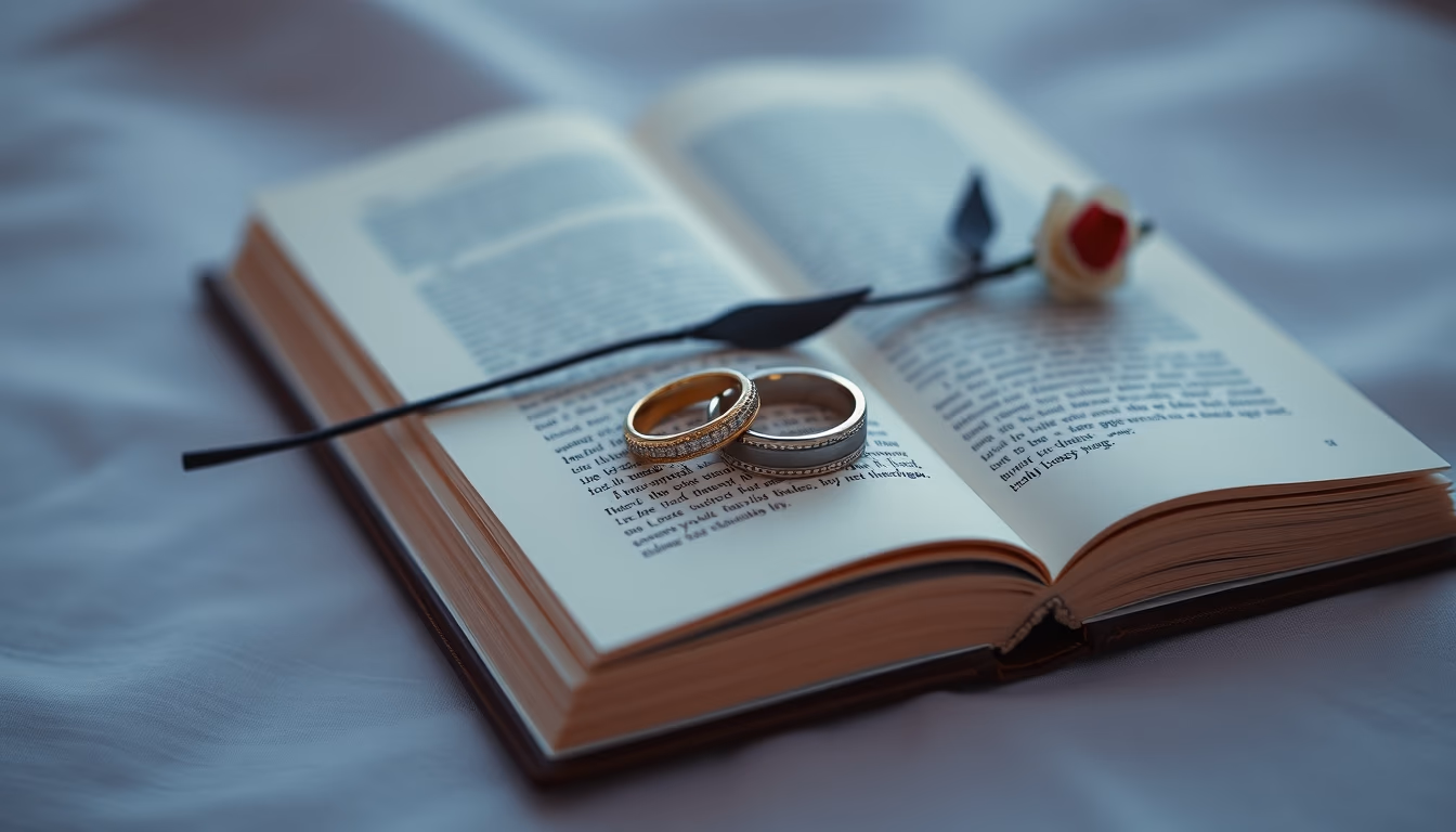wedding rings on book in editorial style