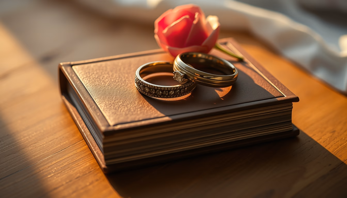 wedding rings on book in editorial style