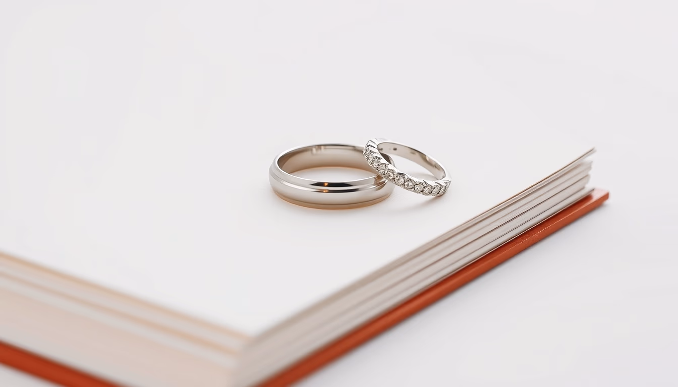 wedding rings on book in editorial style