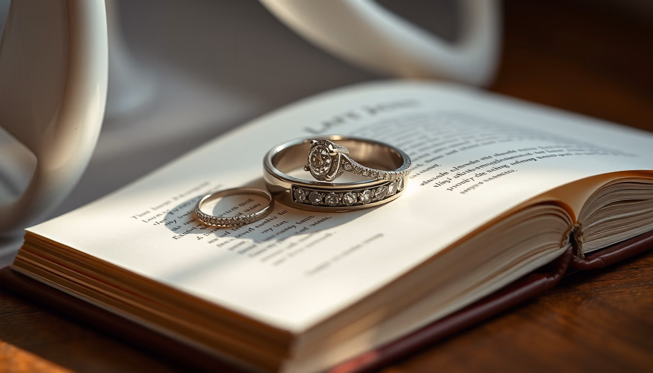 wedding rings on book in editorial style