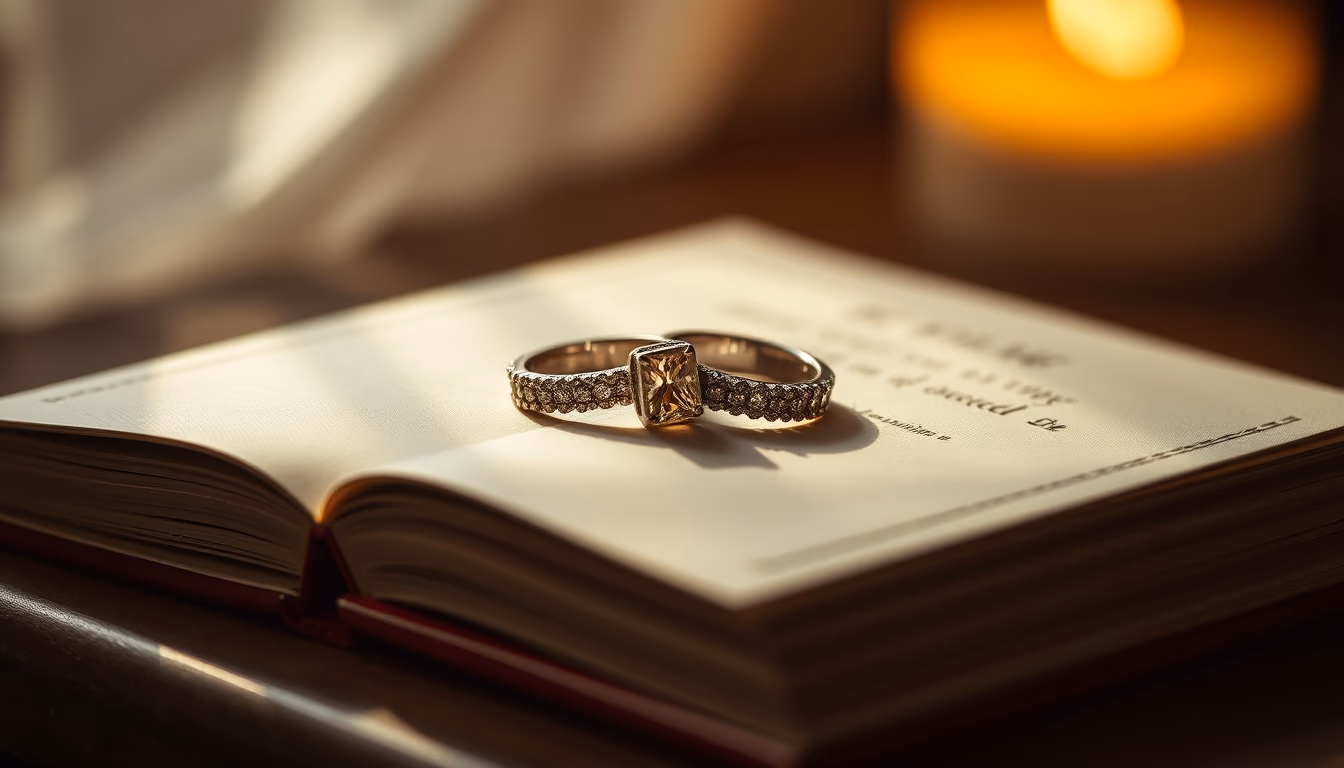 wedding rings on book in editorial style