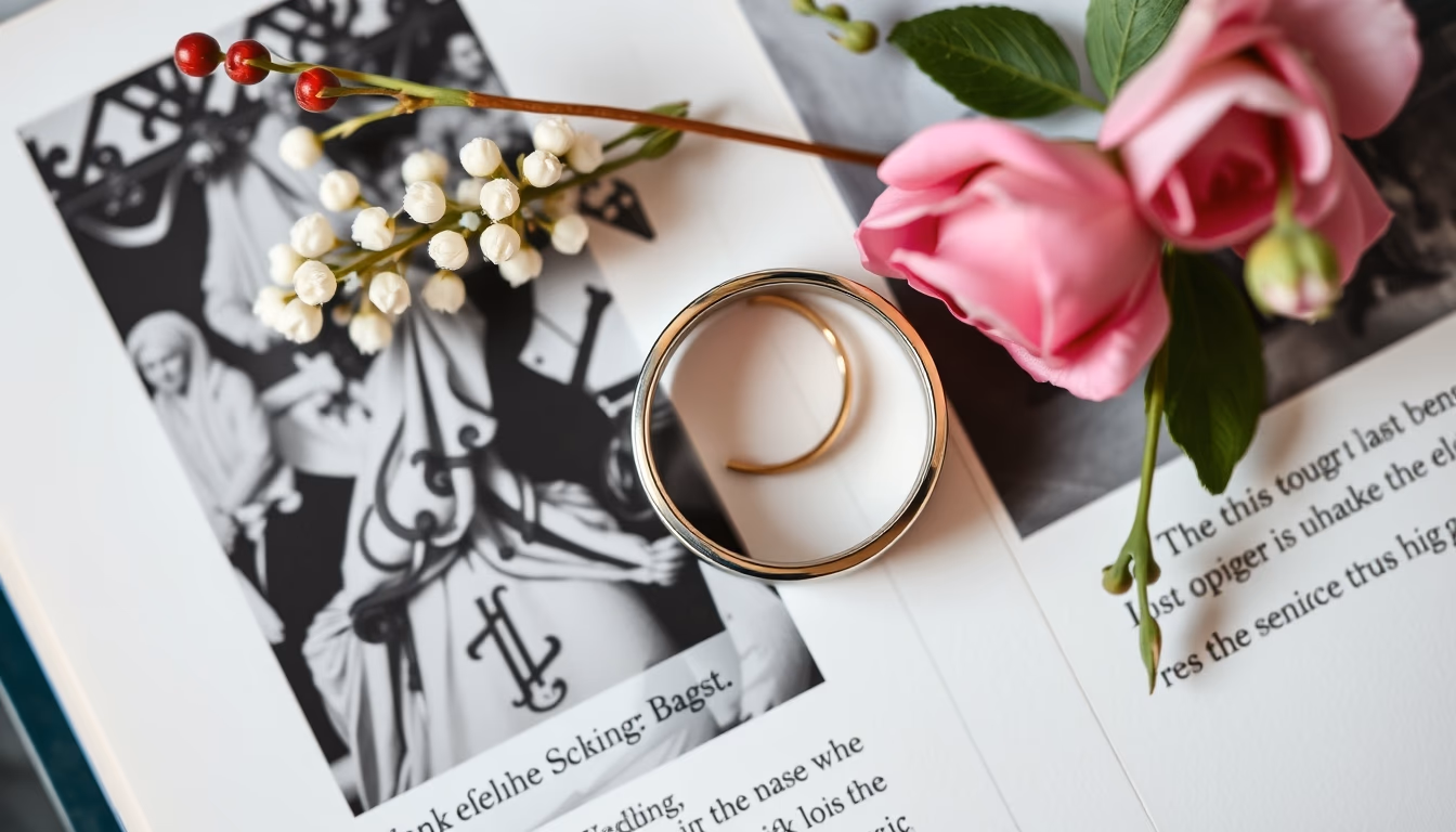 wedding rings on book in editorial style