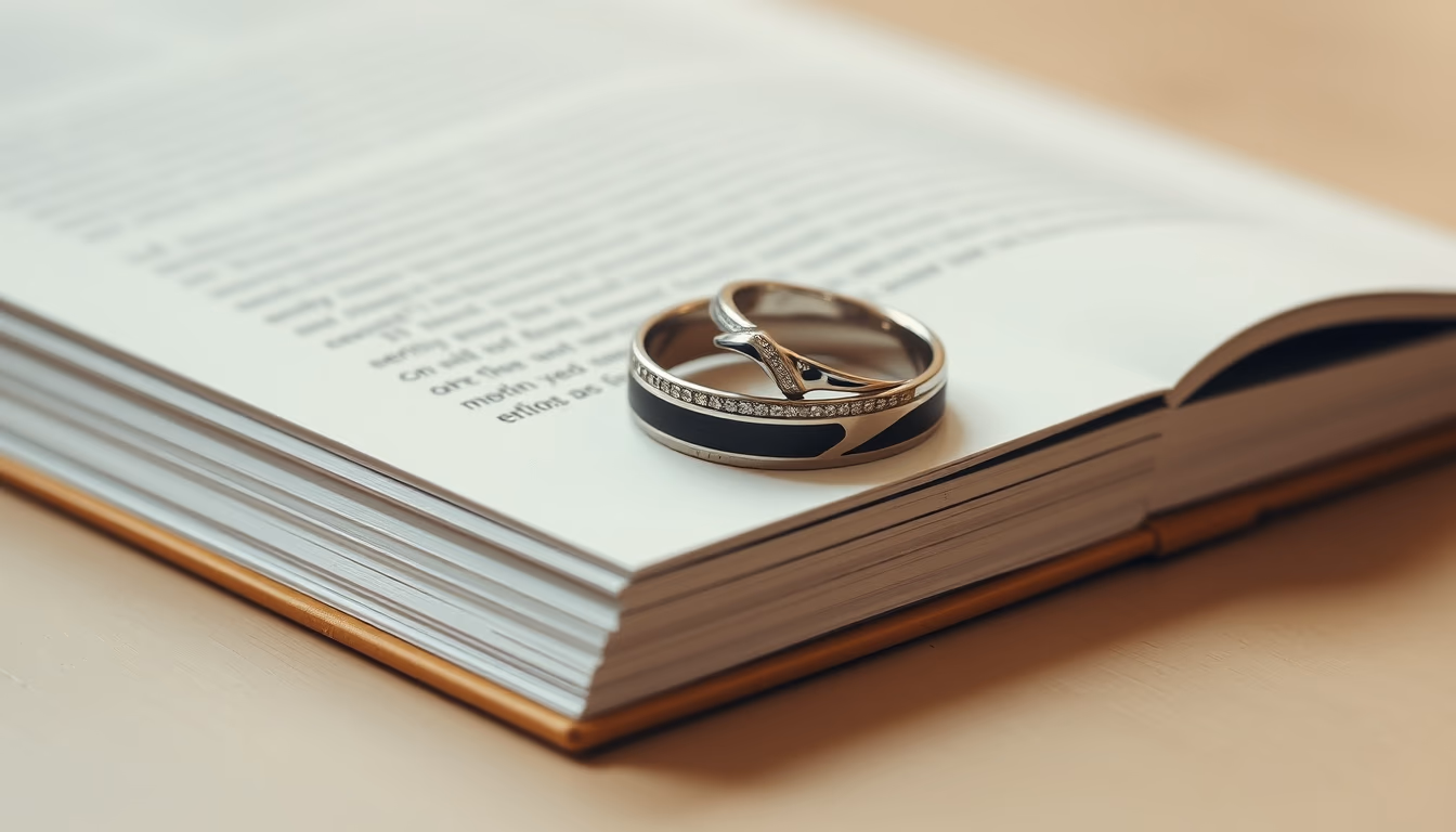 wedding rings on book in editorial style