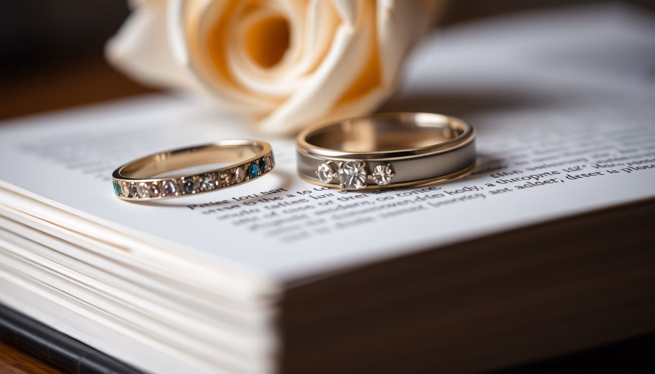 Wedding rings on book em estilo editorial