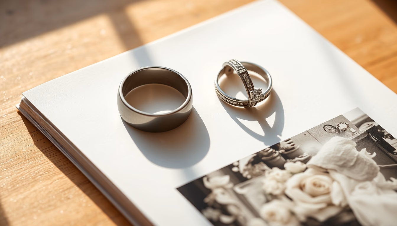wedding rings on book in editorial style