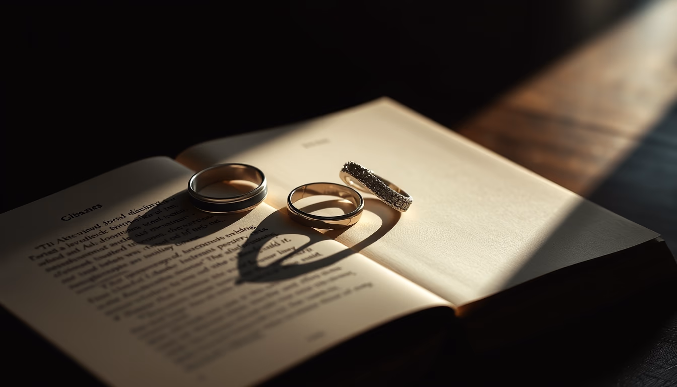 wedding rings on book in editorial style