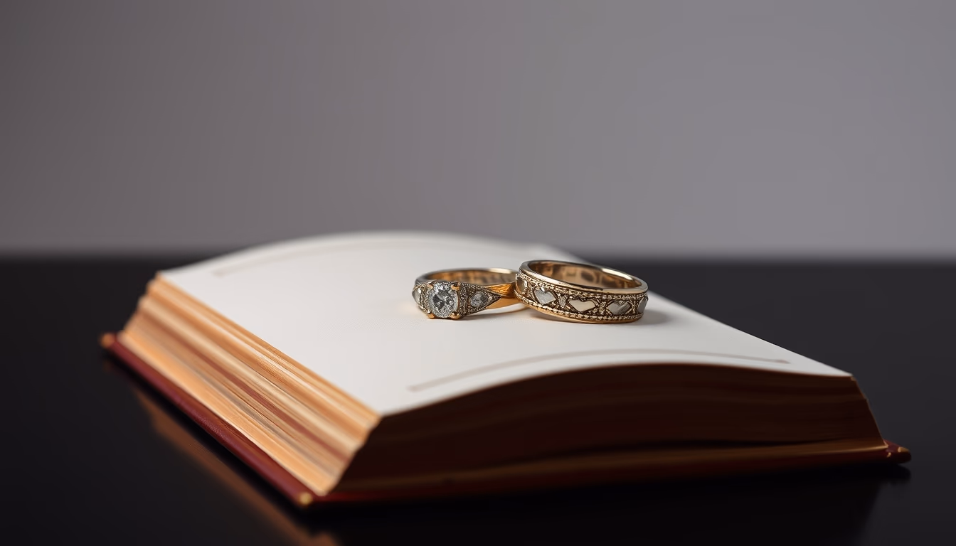 wedding rings on book in editorial style