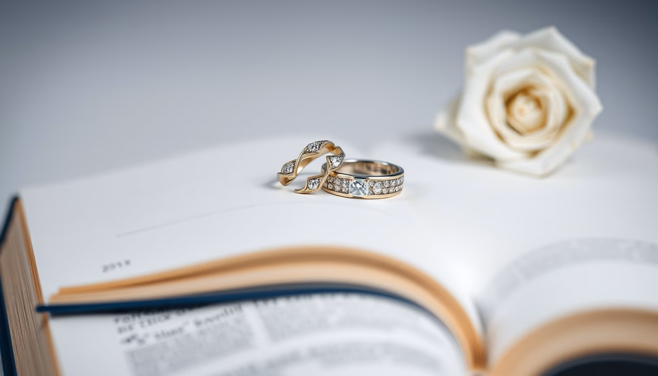 wedding rings on book in editorial style