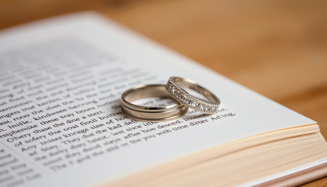wedding rings on book in editorial style