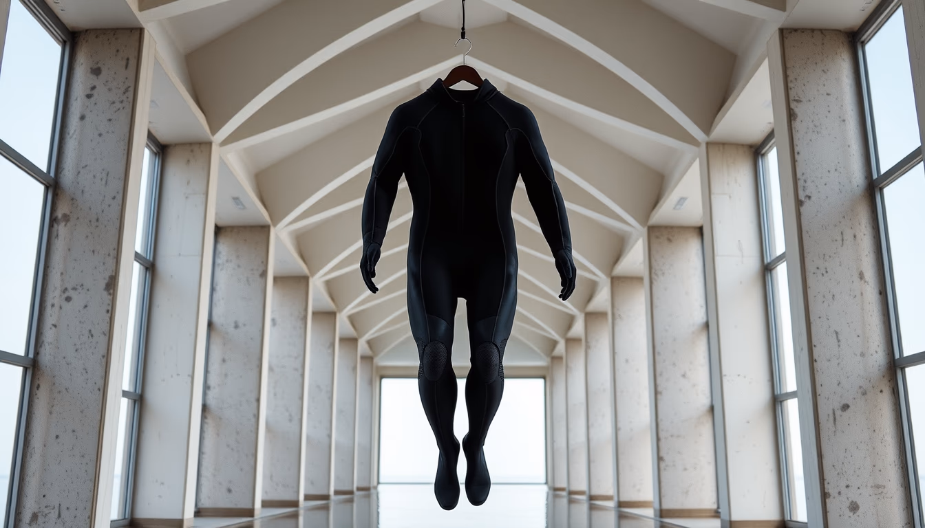 wetsuit hanging black in editorial style