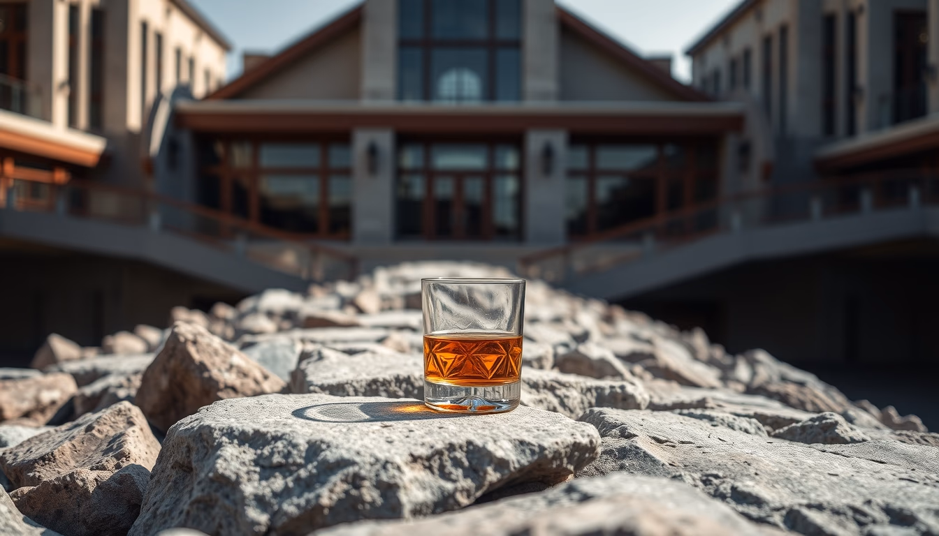 whiskey on rocks amber in editorial style