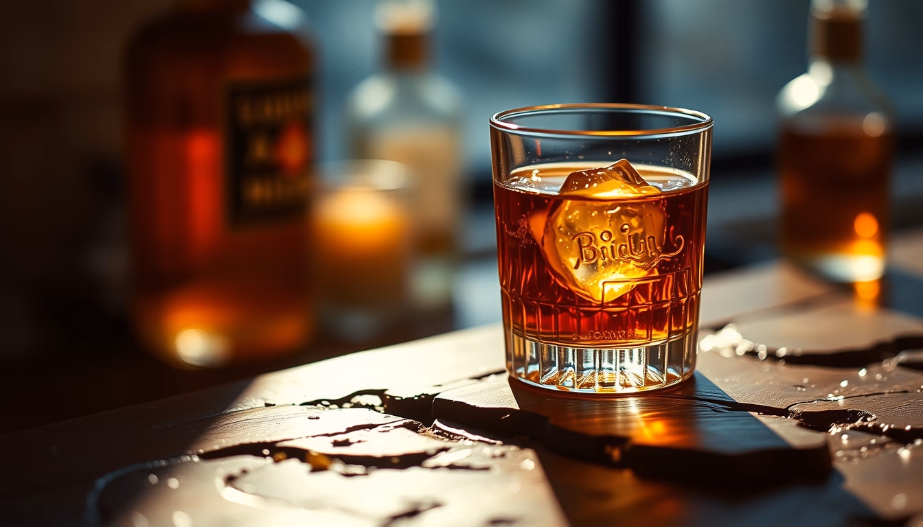 whiskey on rocks amber in editorial style