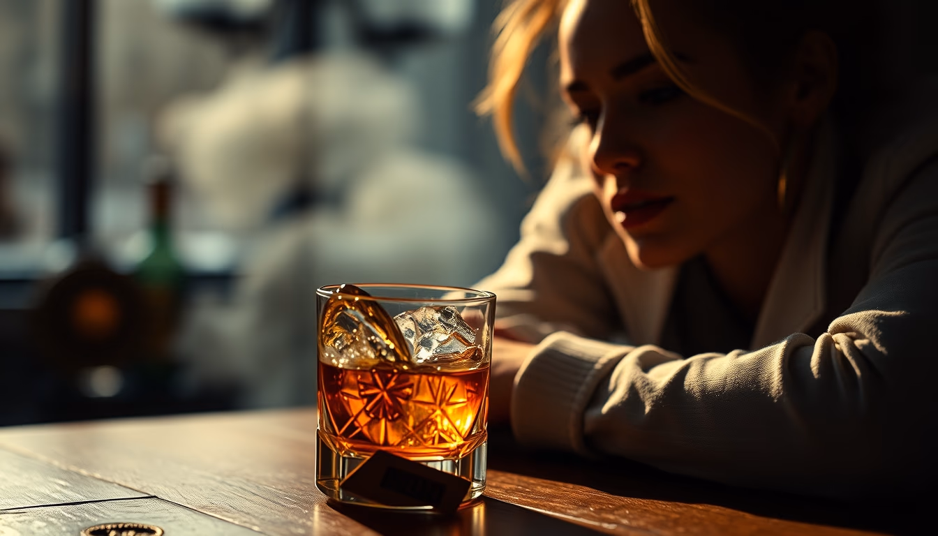 whiskey on rocks amber in editorial style