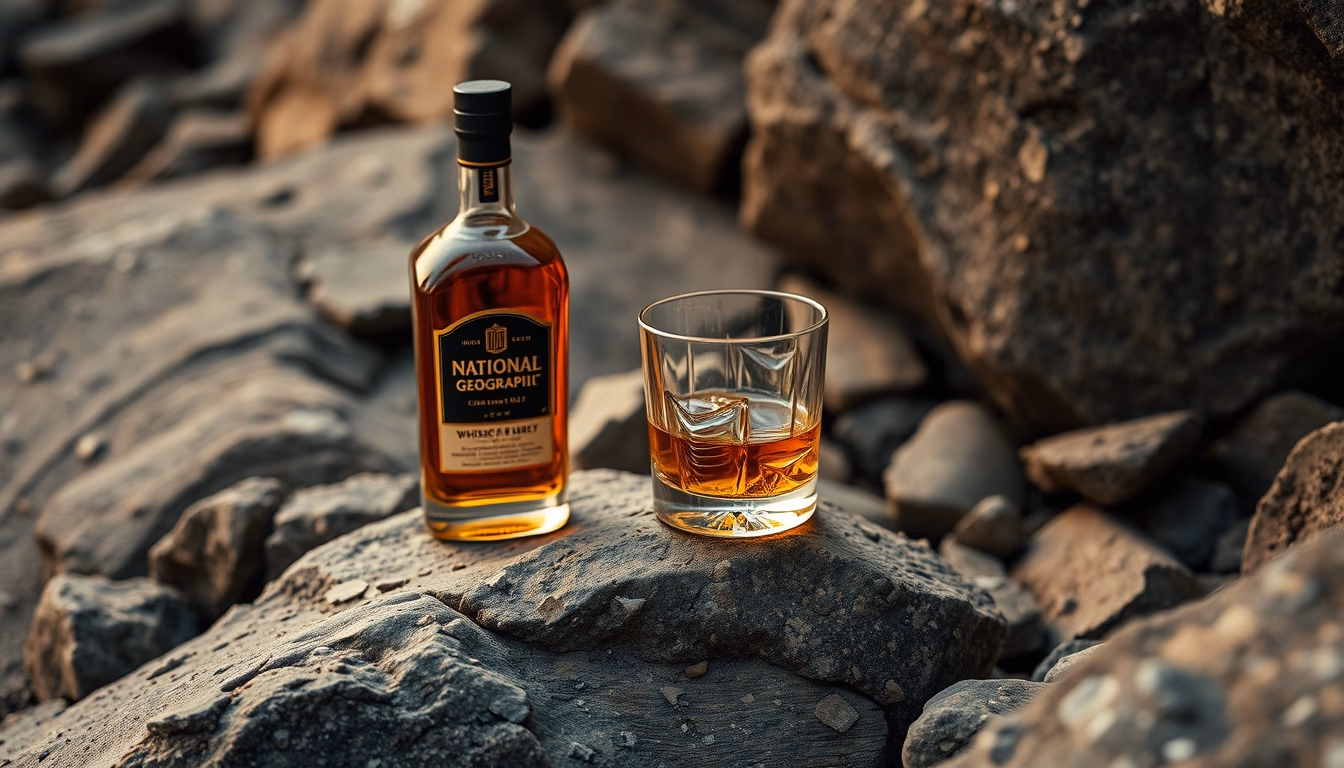 whiskey on rocks amber in editorial style