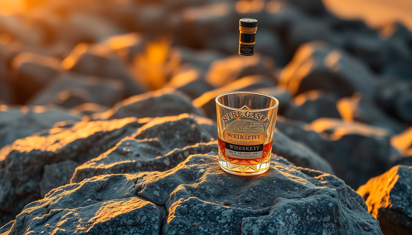 whiskey on rocks amber in editorial style