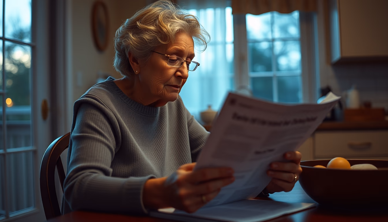 widow reading benefit documents at kitchen table in editorial style