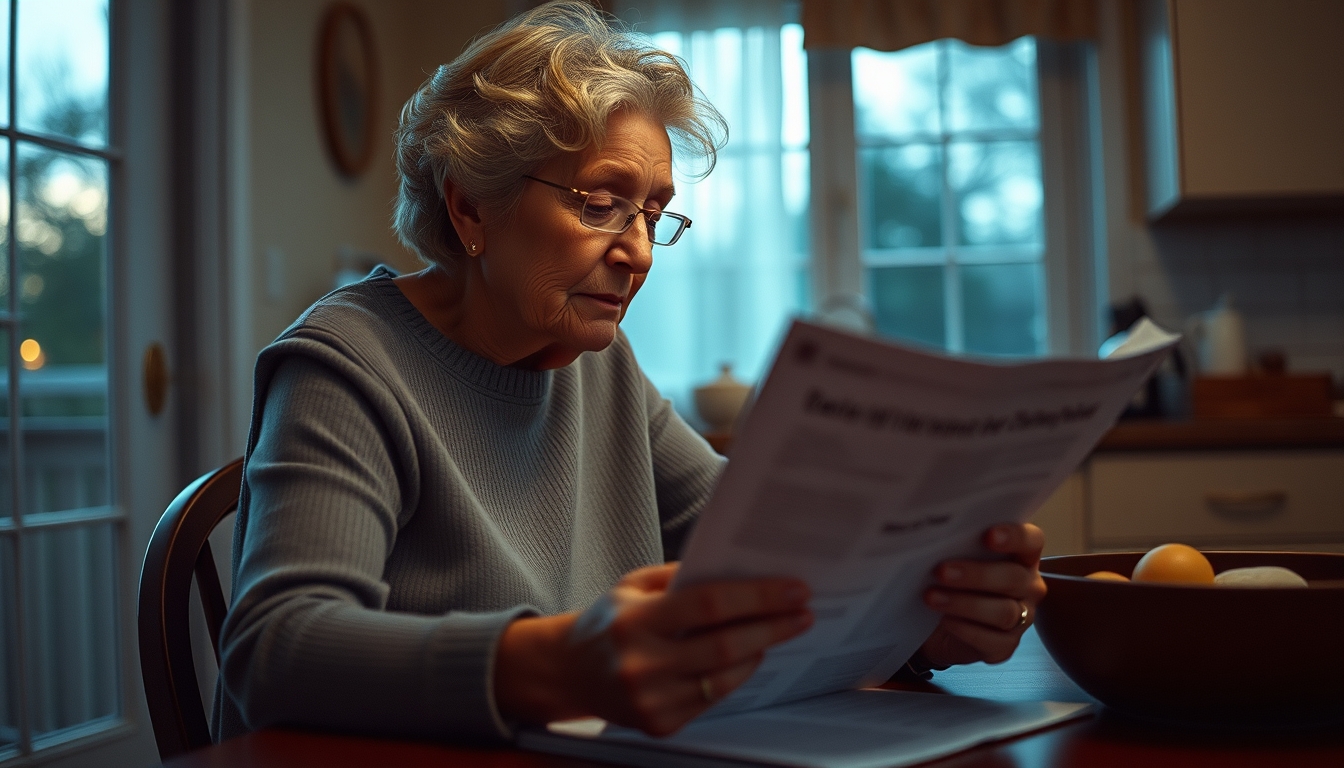 Widow reading benefit documents at kitchen table em estilo editorial