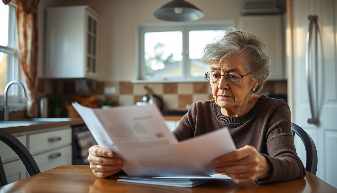 widow reading benefit documents at kitchen table in editorial style