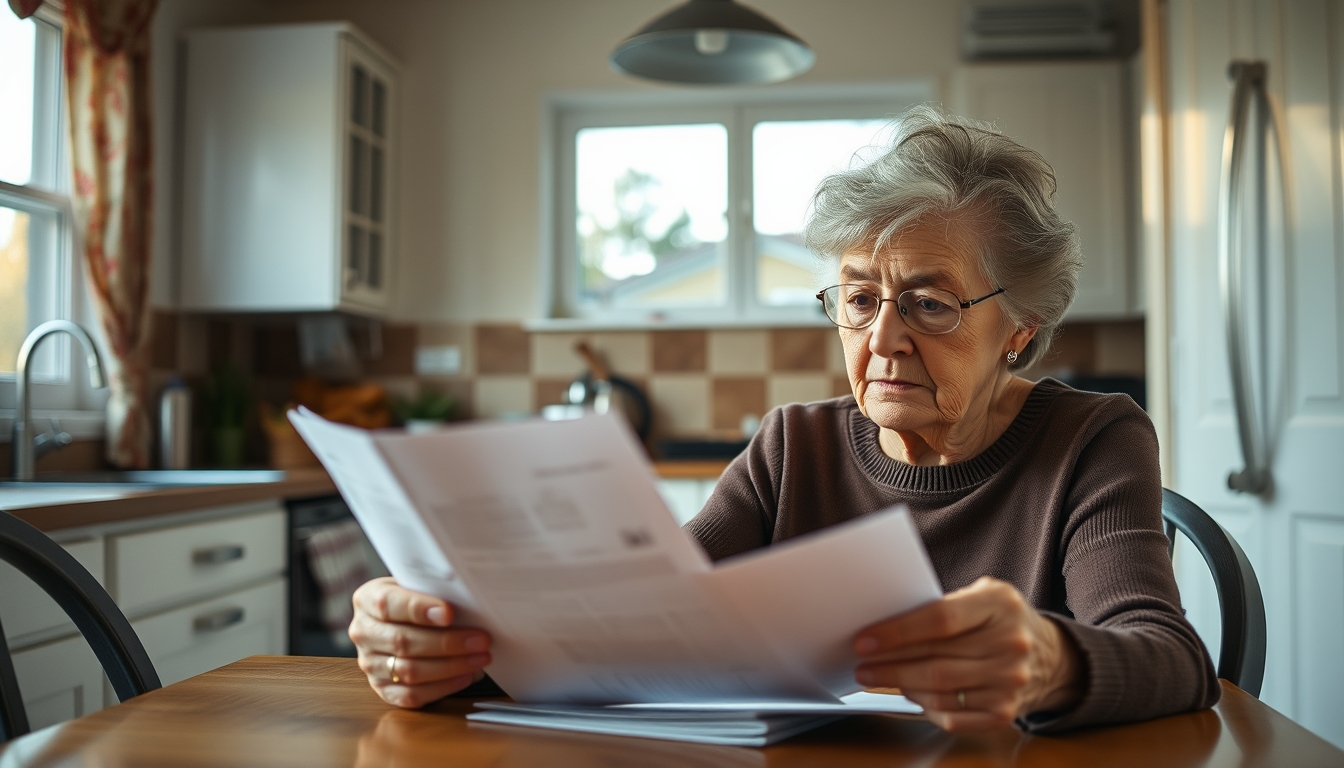 Widow reading benefit documents at kitchen table em estilo editorial